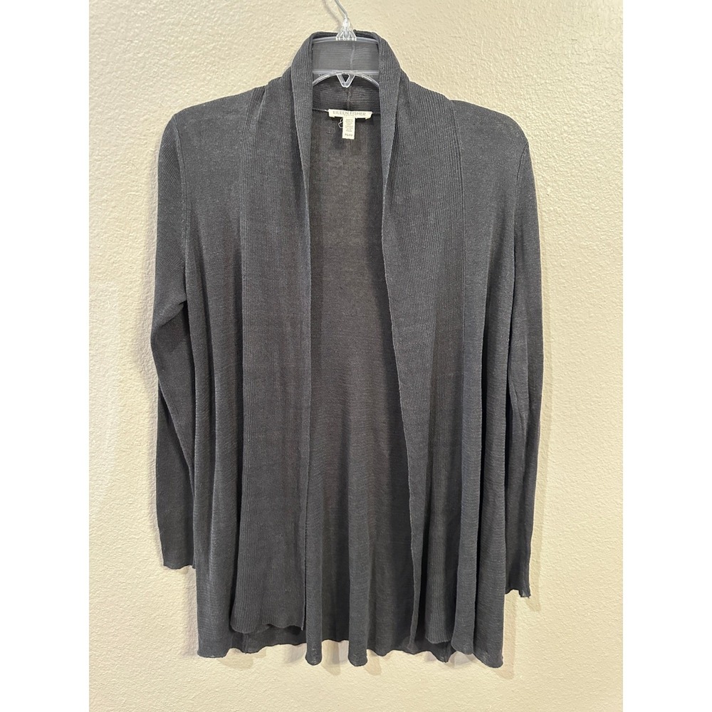 Eileen‎ Fisher Petite Gray Organic Linen Blend Open Front Cardigan Sweater